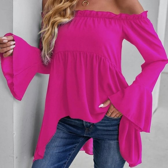 Contemporary Off-shoulder High Low Blouse PINK - Picture 4 of 7
